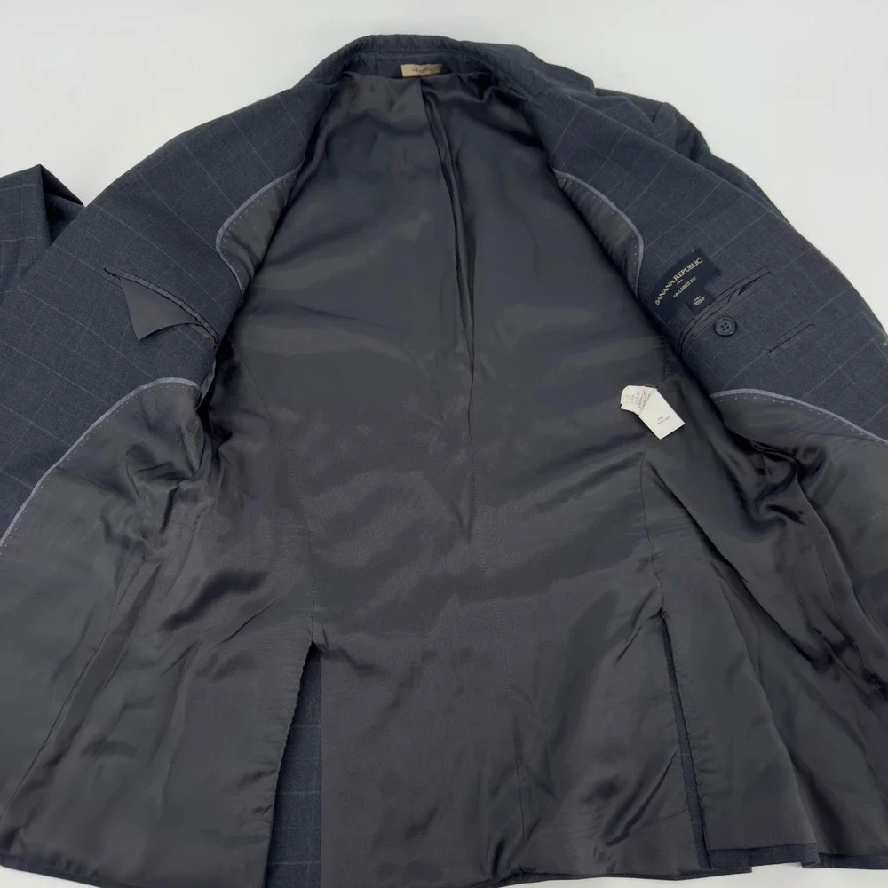 Banana Republic Mens 38S Tailored Fit Blazer Dark Gray Windowpane Plaid Jacket